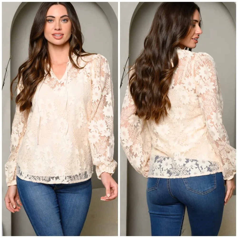 Sugar+Lips Cream Floral Lace Long Sleeves Blouse - Picture 6 of 6